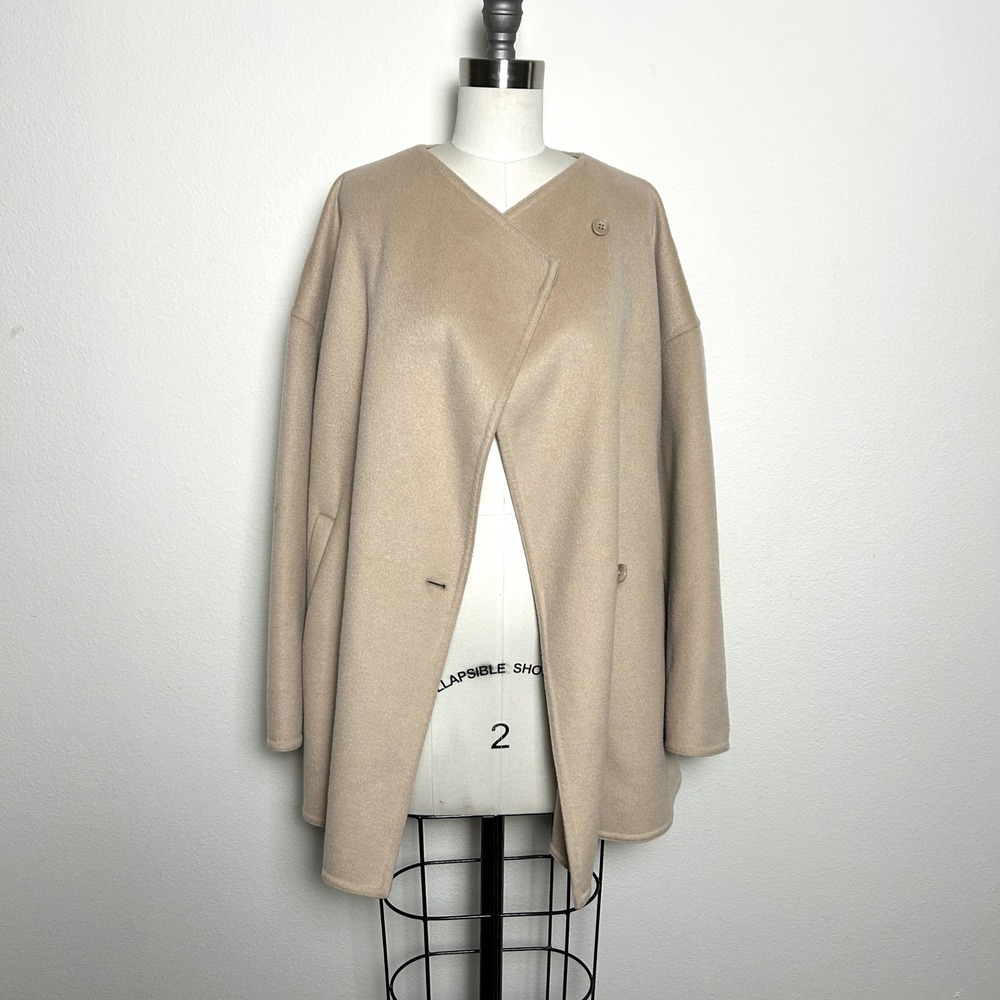 Uniqlo Beige Wool Blend Asymmetrical Collarless Boxy Short Coat Jacket Womens S
